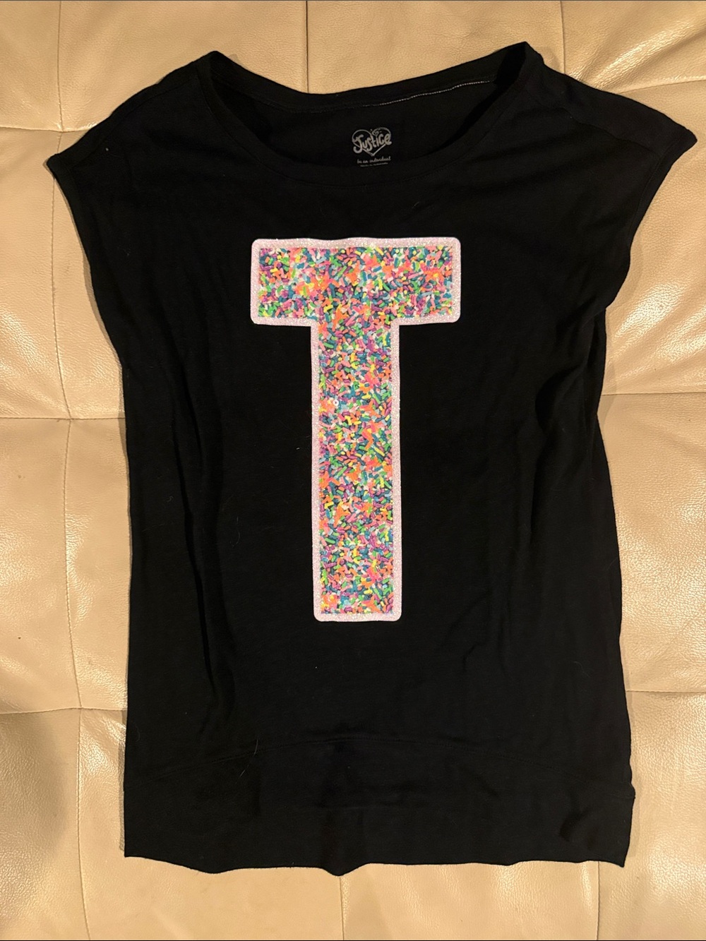 Justice Black Short Sleeve Tee with Multicolor Confetti 'T' Graphic